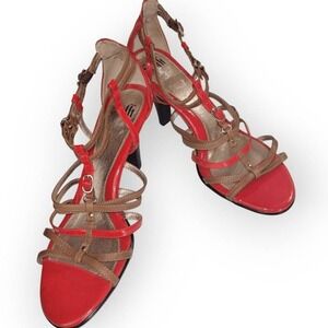 Sofft Womens Heels Sz 11 Red Tan Strappy Buckles 3" High Patent Leather Comfort